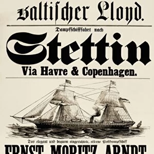 German language poster, 1873, for Baltic Lloyds transatlantic passenger steamship service, with departure from New York for Le Havre, Copenhagen and Stettin, Germany (now Szczecin, Poland. )