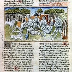 HUNTING SCENE, c1460. Hunters picknicking in the forest. French manuscript miniature