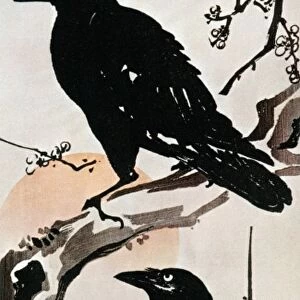JAPANESE PRINT: CROW. Two Crows on a Flowering Plum in Winter. Japanese Kakemono-e color print, 1870, by Kyosai