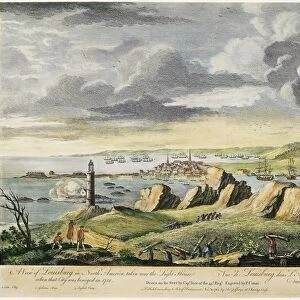 LOUISBOURG SIEGE, 1758. The siege of the French fortress of Louisbourg on Cape Breton Island, Nova Scotia, by the British under Jeffrey Amherst in 1758. Color English line engraving, 1762
