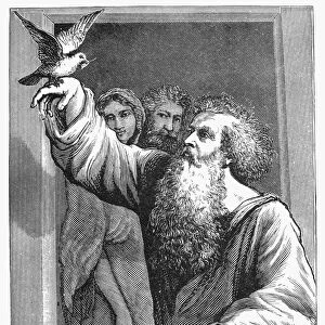 NOAH RECEIVES THE DOVE. Wood engraving, 19th century