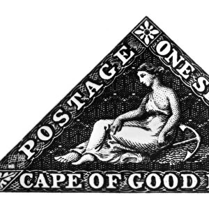 POSTAGE STAMP: GOOD HOPE. The Cape Triangular postage stamp used at the Cape of Good Hope, designed by Charles Bell, engraved by W. Humphrys, and recess-printed by Perkins Bacon & Co. 1853-58