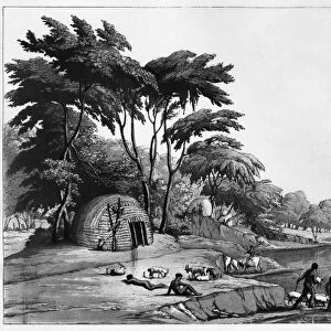 SOUTH AFRICA: VILLAGE. A Khoikhoi village on the Gariep River in South Africa. Engraving by G