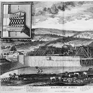 VERSAILLES: WATERWORKS. The hydraulic machine at Chateau de Marly, France, inaugurated in 1684, that drew water from the Seine River and pumped it to Versailles for its fountains. Line engraving, French, 1716
