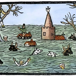 WALES: FLOOD, 1607. Woodcut from the title page of Lamentable newes out of Monmouthshire in Wales