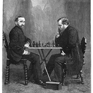 ZUKERTORT VS. STEINITZ. Johannes Hermann Zukertort and Wilhelm Steinitz at the time of their chess championship match in New York in 1886. Wood engraving from a contemporary American newspaper