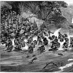 ZULU WARRIORS, 1879. Zulu warriors crossing a river during the Zulu War in South Africa. Wood engraving, 1879