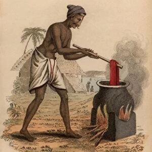 Dyeing skeins of silk, India. Hand-coloured engraving published Rudolph Ackermann, London, 1822