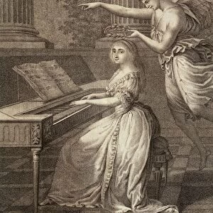 Italy, engraving of Allegory, Genius of Music crowning female pianist