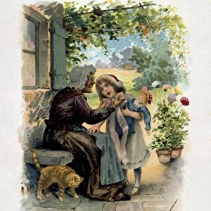 Little Red Riding Hood with her grandmother. French trade card c1900 illustrating