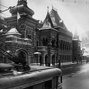 Moscow, late 1930s, a trolley-bus going past the french embassy building