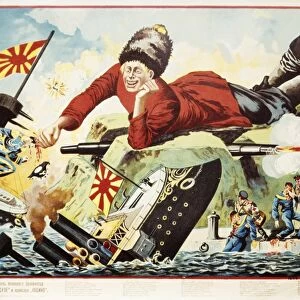 A popular russian print depicting a giant cossack sinking the japanese battleships hatsuoze and ioshina, russo-japanese war 1904