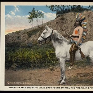 Postcard of American Indian with Heart Target. 1917, American Map Showing Vital Spot to Hit to Kill the American Spirit of Justice