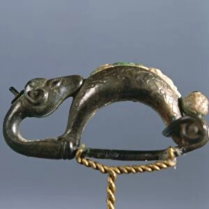 Rams head shaped fibula brooch ornamented with corals, from burial mound at Grand Bois