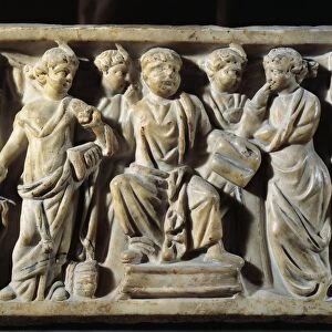 Front side of sarcophagus depicting child surrounded by Muses