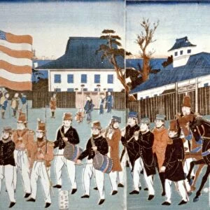 Triptych showing a parade of foreigners, Yokohama, in a horse-drawn open carriage