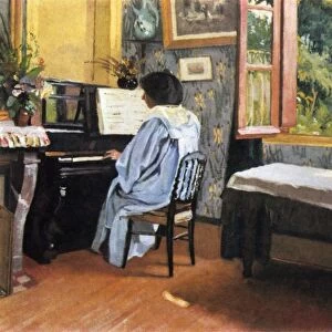 A woman at the Piano 1904. Woman in blue dress at piano by an open window
