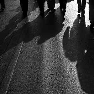 Backlit persons casting shadows on the asphalt