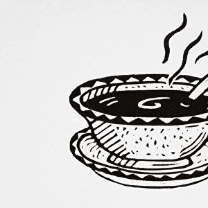 Black and white illustration of bowl of hot soup with spoon