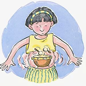 Cartoon of girl looking down at drumsticks hitting timpani in belly representing borborygmus or rumbling stomach