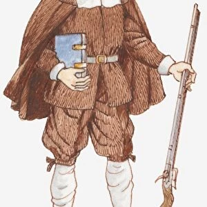 Illustration of 17th century pilgrim holding bible and rifle