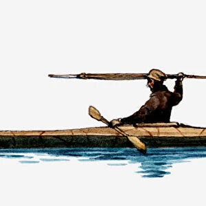 Illustration of Inuit man in kayak holding spear above head