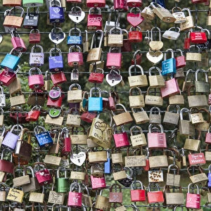 Love locks on a wire fence, Kassel, Hesse, Germany