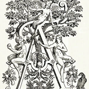 A: Adam and Eve, on each side of an apple tree, with a demon above - Alphabet by T. de Bry (new artistic alphabet), 1880 (engraving)