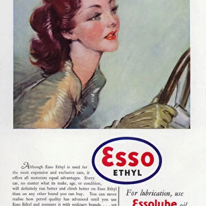Advertisement for Esso Ethyl Oil, showing glamorous woman driving, 1937 (colour litho)