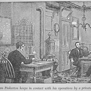 Allan Pinkerton (1819-84) speaks to his operatives by private telegraph line (litho)