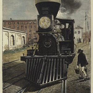 An American locomotive engine and cow catcher (coloured engraving)