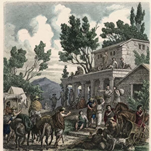 Ancient Greece: The Way to Olympia at Olympic Games Time, 1866 (coloured engraving)