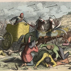 Ancient Orient, Persian war carriage during a battle, 1866 (coloured engraving)