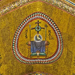 Apsidal arch: Etymasia (preparation for the throne) with the instruments of passion, restored in 1979; Byzantine school mosaic with a golden background (mosaic)