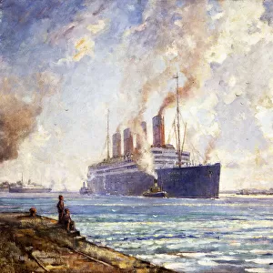The Aquitania coming up Southampton Water, 1930 (oil on canvas)