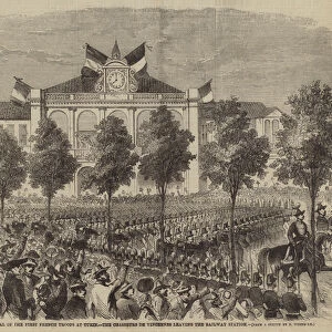 The Arrival of the First French Troops at Turin, the Chasseurs de Vincennes leaving the Railway Station (engraving)
