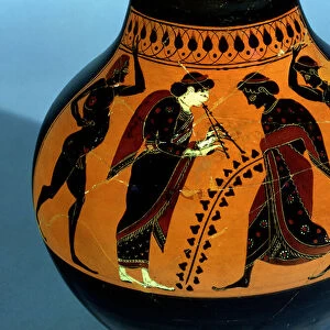 Attic black-figure oinochoe decorated with a scene of a drinking party with dancers