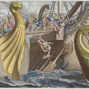 Boarding a galley during a sea battle in Roman times (coloured engraving)