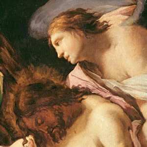 The Body of Christ Entombed (detail of the head of Christ and the angel) (oil on canvas)