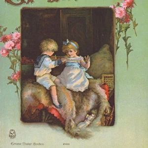 Boy and girl sitting on a fur rug, making a cats cradle (chromolitho)