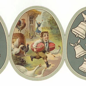 Boy Running Away with Two Giant Eggs (chromolitho)