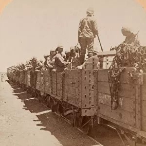 British soldiers aboard railway wagons, c. 1900 (photograph, stereoscopic)