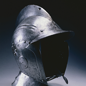 Burgonet with hinged cheek pieces, c. 1540 (steel with leather chin strap)