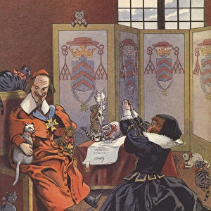 Cardinal Richelieu with his cats (colour litho)