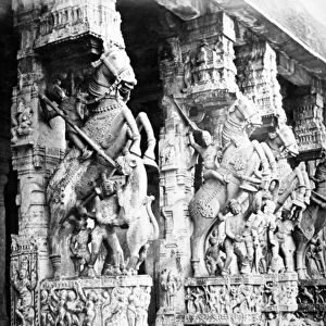Carved Horse Pillars in Ranganatha Temple, Srirangam, 1869 (b / w photo)