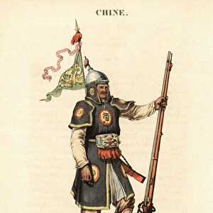 Chinese soldier with flintlock musket, 18th century. 1822 (engraving)