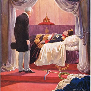 The Duke of Wellington visiting the effigy of Napoleon, illustration from Madame Tussauds (colour litho)