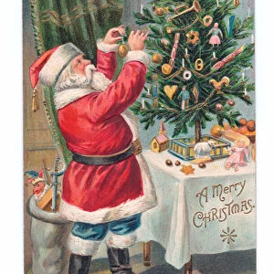 Edwardian Christmas postcard of Father Christmas decorating a Christmas tree, c