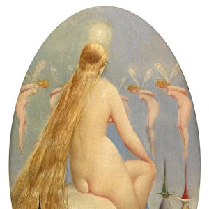Fairy Seated on a Mushrooom (oil on canvas)