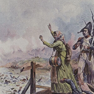A French cantiniere seeing her husband among a group of drowning soldiers at the Battle of Arcole, Italy, 1796 (colour litho)